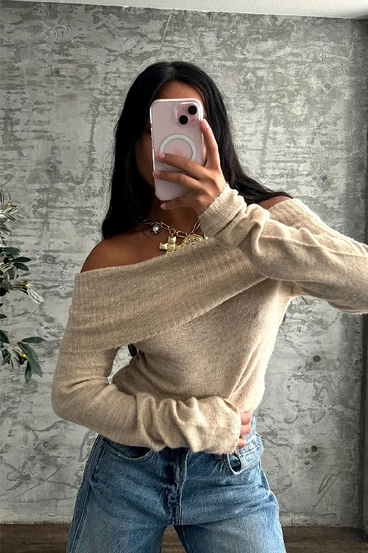 Stylish women’s clothing designed for comfort   Nora Beige Off the Shoulder Sweater