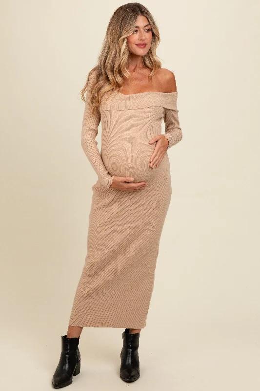 Affordable stylish women’s fashion collection   Beige Foldover One Shoulder Maternity Maxi Sweater Dress