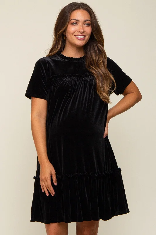 Classic pieces for a timeless wardrobe   Black Ruffle Accent Velvet Maternity Dress