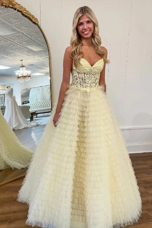Dress up or down with these versatile pieces Tulle Strapless Yellow Corset Prom Dress Dress up or down with these versatile pieces Tulle Strapless Yellow Corset Prom Dress